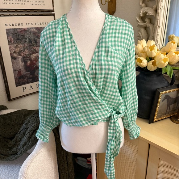 RAILS Raquel Linen Blend Wrap Top In Green Gingham Size Small‎ - Picture 3 of 8